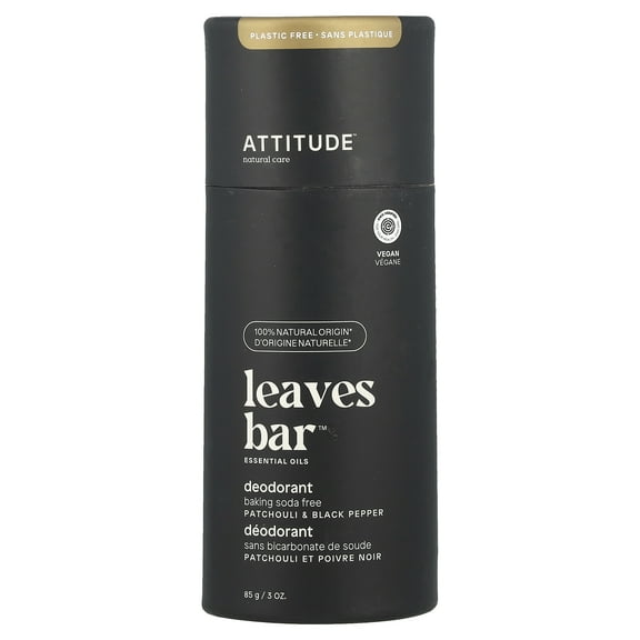 Attitude Plastic-Free Leaves Bar Deodorant, Patchouli & Black Pepper, 3 Oz