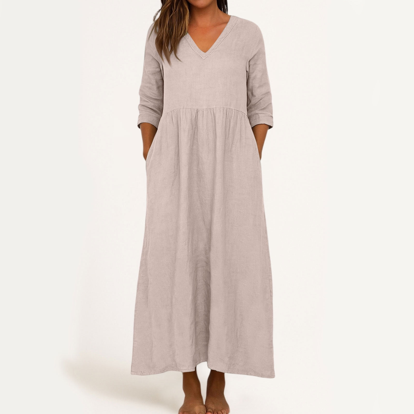 JGGSPWM Linen Dress Women V Neck Long 3/4 Sleeve Tunic Boho Maxi Dress Casual Spring and Autumn Plain Flowy Beach Vacation Dresses Pink S