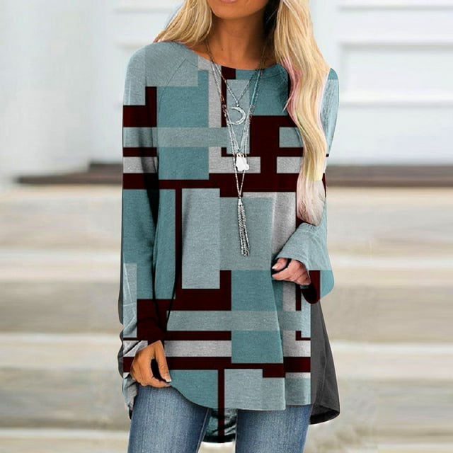 Meichang Tuniques pour Femmes Tendance T-Shirt à Blocs de Couleur Blouse Décontractée à Col Rond Chandails Amples à Manches Longues Tuniques à Enfiler à Imprimé Géométrique