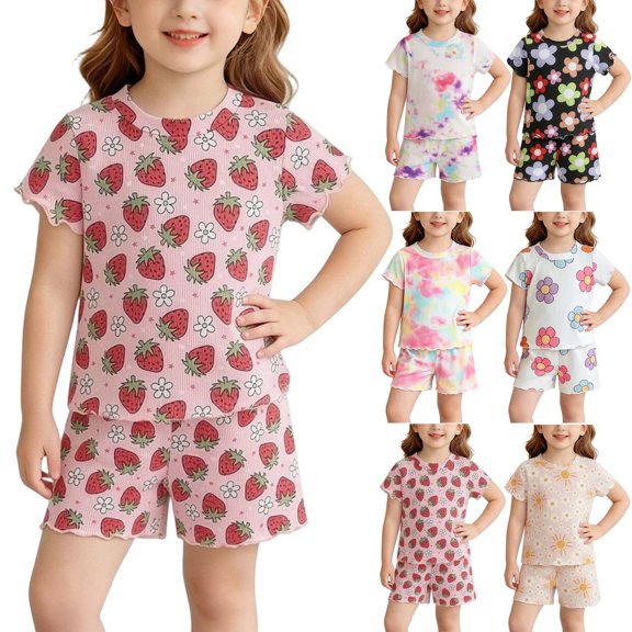 oelaio Girls Summer Outfits Cute Flower Printed 2 Piece Clothes Short Sleeve T-Shirts and Elastic Waist Shorts Kids Casual Lounge Pajama Sets White 2 Years