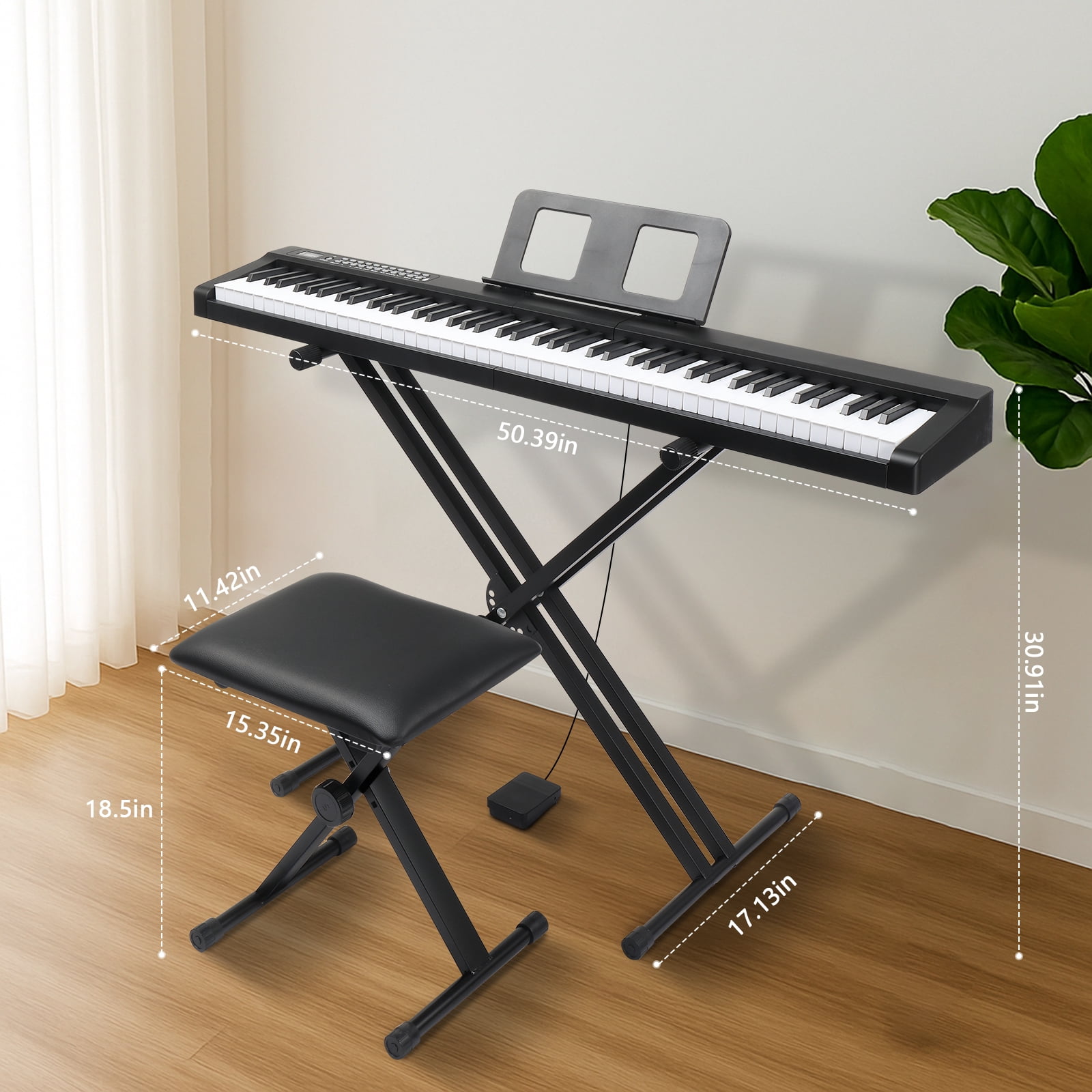 Ktaxon Digital Piano 88-Key Semi-Weighted Action, Electronic Keyboard Set with X Stand, Bench, 3-Pedal Unit for Beginners, Black
