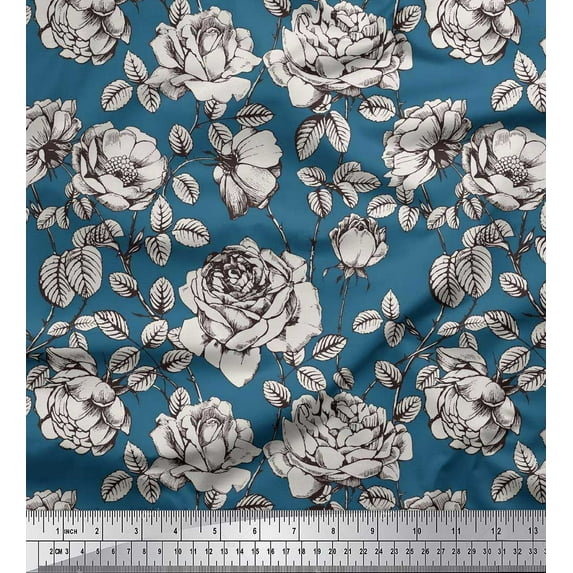 Soimoi Blue Velvet Fabric Leaves & Black Sketch Flower Print Fabric by The Yard 58 Inch Wide