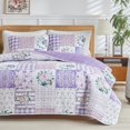 thumbnail image 3 of Joyreap 3 Pieces Floral Quilt Set Queen, Patchwork Purple n Pink Flowers Design, Smooth Soft Microfiber Quilt, Bedspread Bed Cover for All Season, 1 Quilt and 2 Pillow Shams- 90x90 inches, 3 of 7