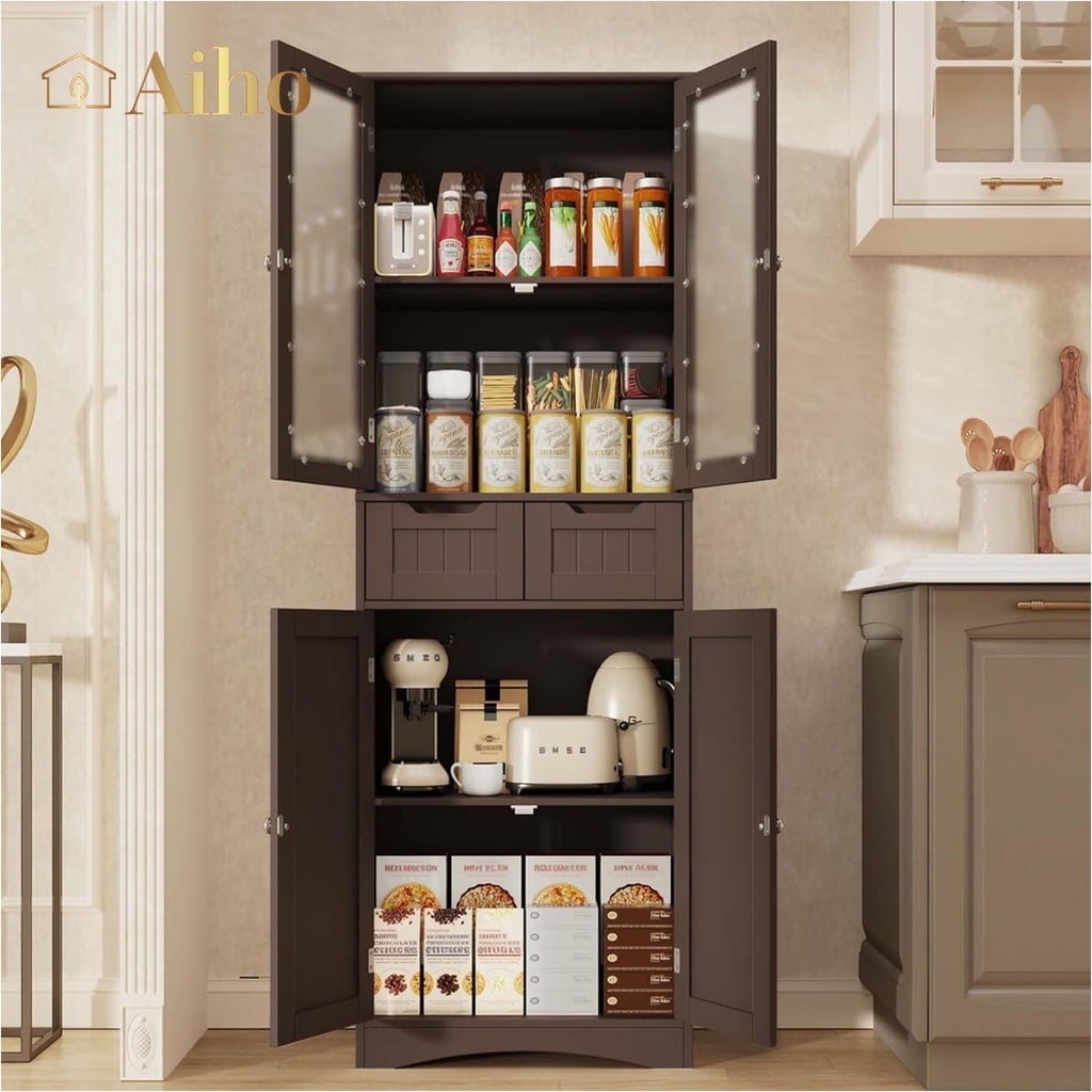 "Aiho 67"" Wood Standing Kitchen Pantry Storage Cabinet, Shelving with 2 Drawers and Glass Doors  Da(图4) "Aiho 67"" Wood Standing Kitchen Pantry Storage Cabinet, Shelving with 2 Drawers and Glass Doors  Da(图4)