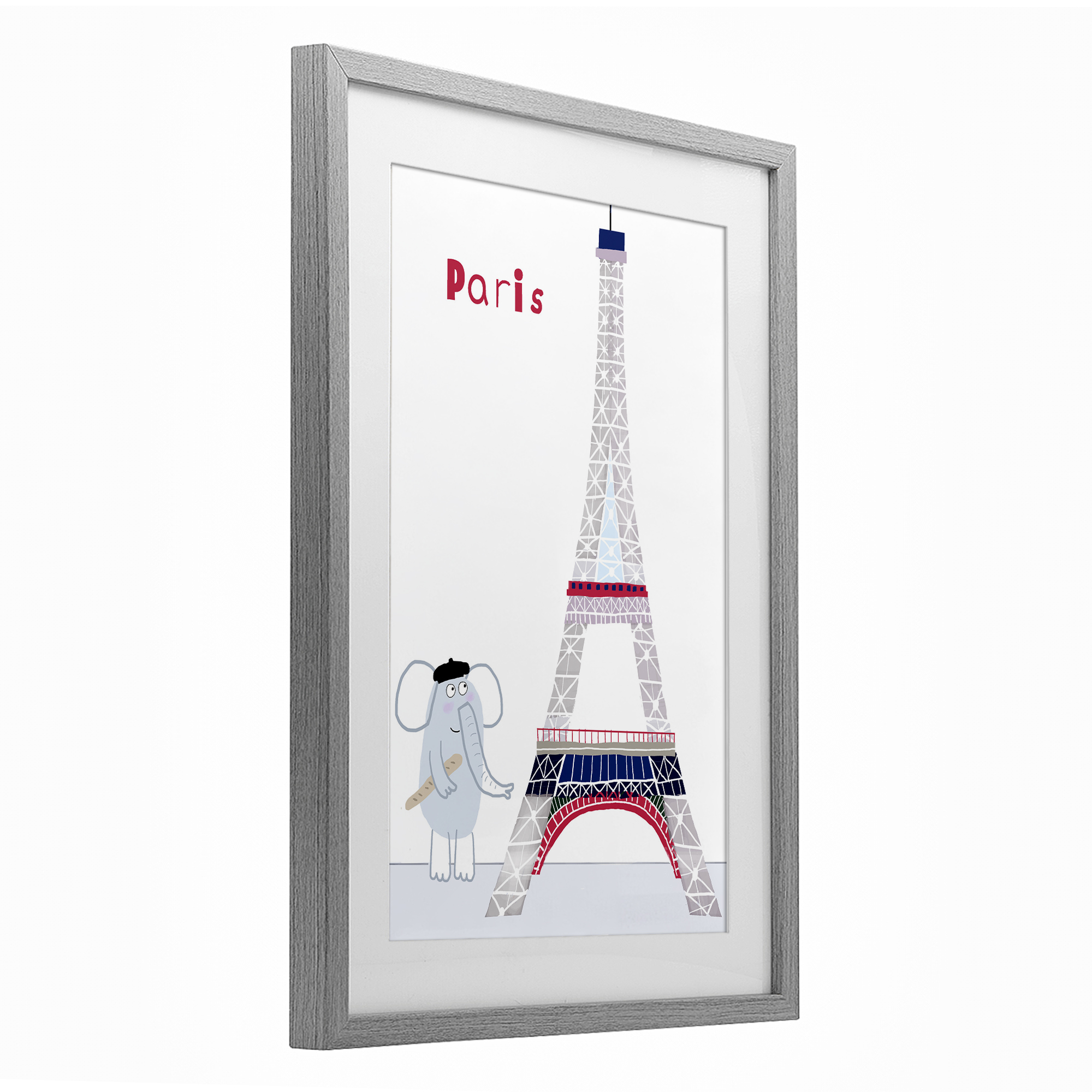Elephant & Eiffel Tower Gray Framed Print Under Glass, design by Carla Daly