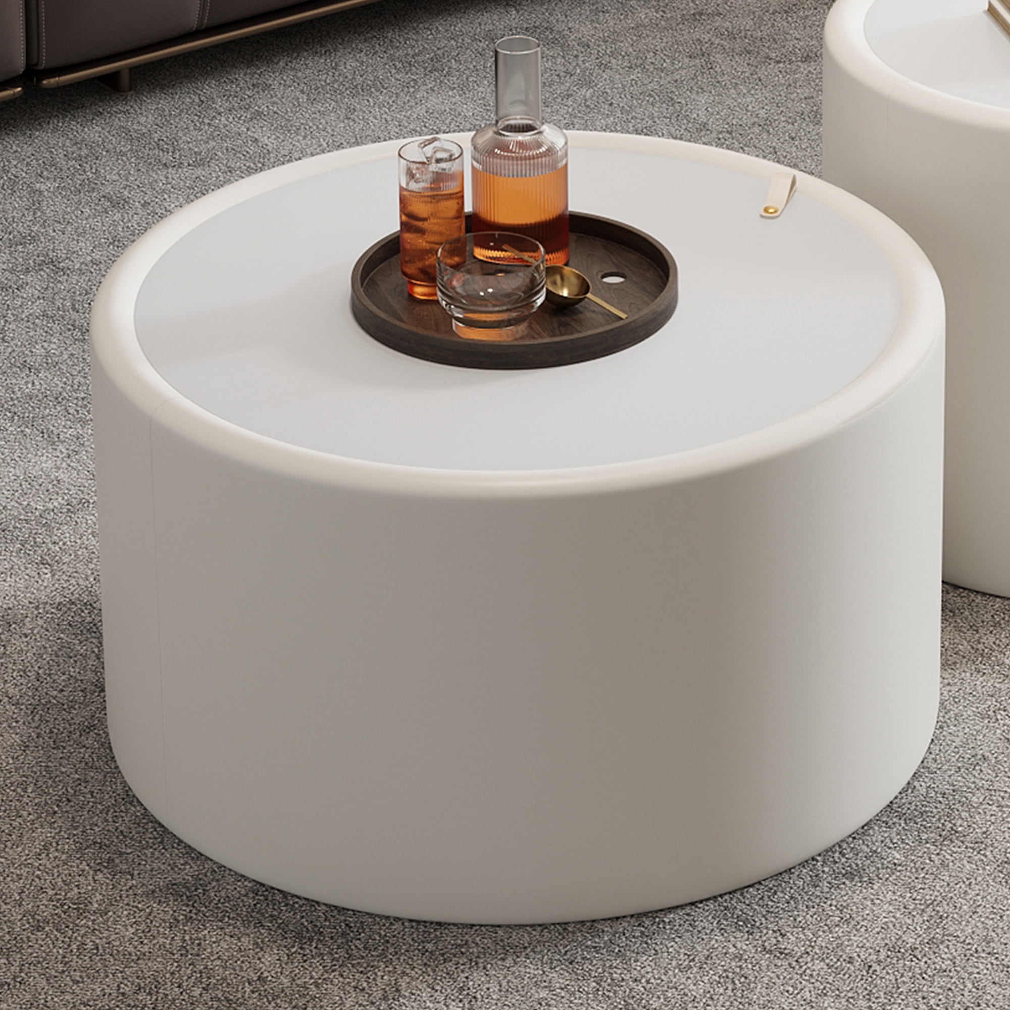 Leumius White Round Coffee Table with Tempered Glass Top, PU Leather Body & Hidden Storage, Modern Accent Table for Living Room White 1