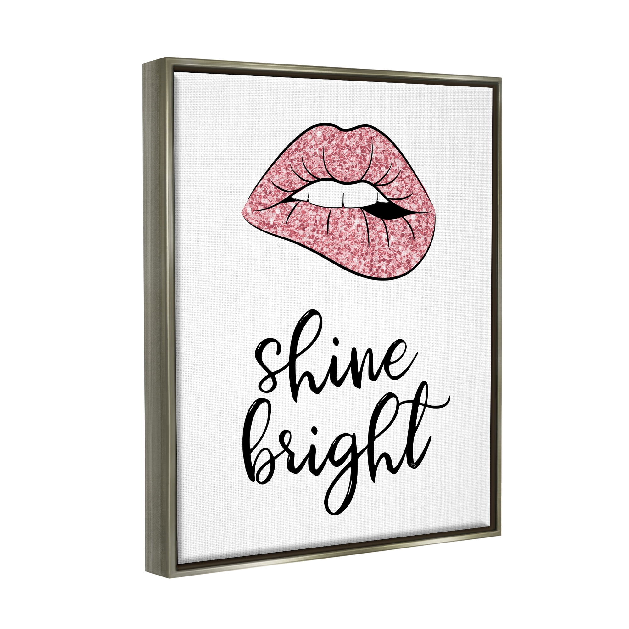 Stupell Industries Shine Bright Pink Glam Lips Beauty & Fashion Painting Gray Floater Framed Art Print Wall Art