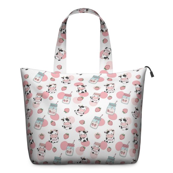 White Cow Milk Strawberry Pattern Travel Tote Bags for Women Carry On,Large Weekender Bags for Women Travel,Multi Functional Duffle Bag for Work,Shopping,Sports