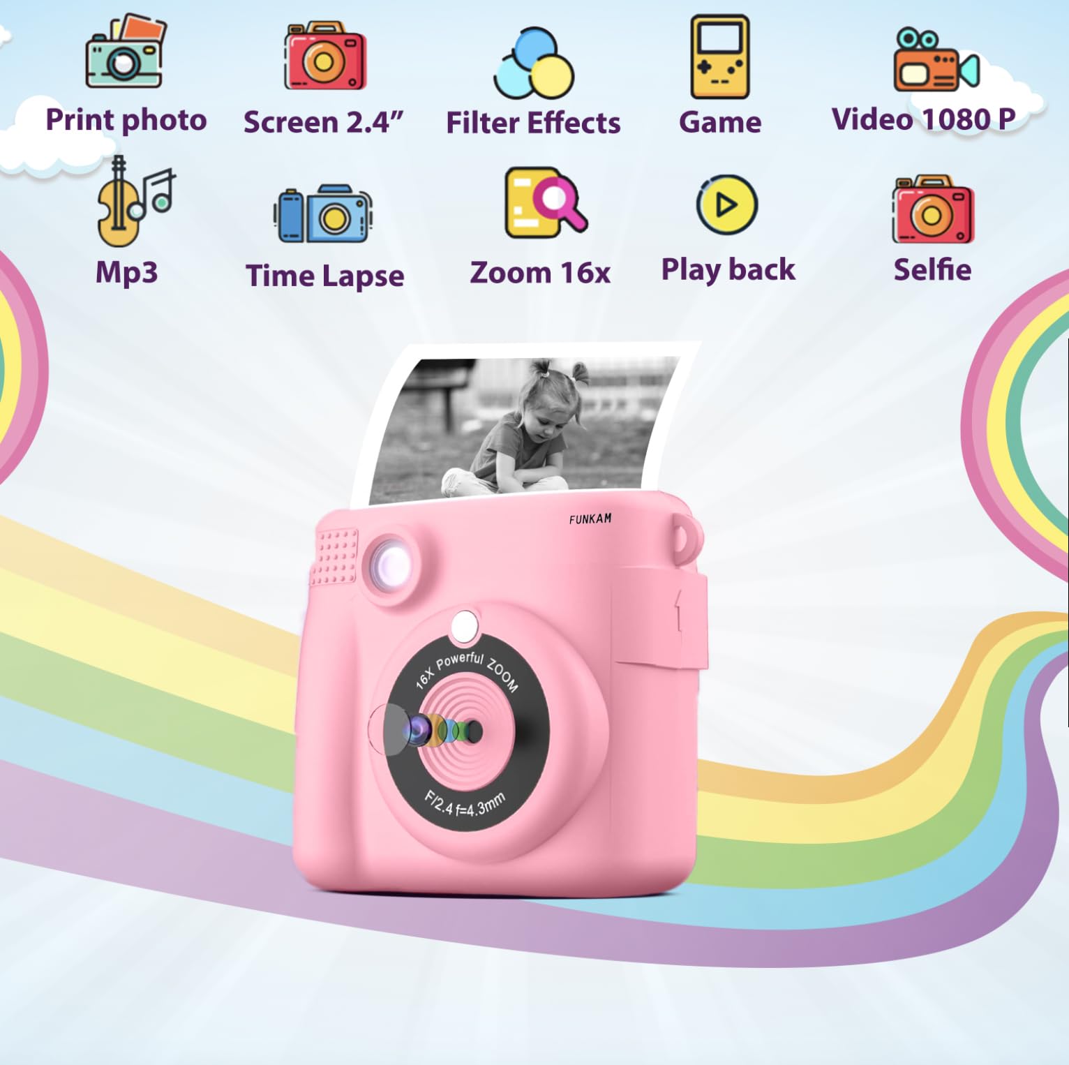 Appareil Photo Instantané Enfant 1080P - Écran 2.4", Impression Thermique, 32 Go, Cadeau 3-12 Ans Garçon Fille