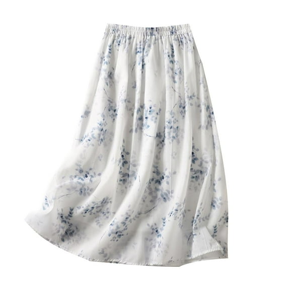 Mrat Linen Skirts for Women Floral Linen Skirts for Women 2024 Summer Cotton Flowy Elastic High Waisted A-line Midi Skirts with Liner S-54 White XL
