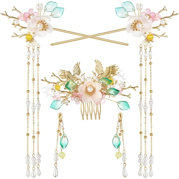 HINZIC 5 horquillas de ganso con cristales de estrás y perlas para el pelo, estilo retro, flor china, Hanfu, accesorios para el pelo para mujeres y niñas, pelo largo