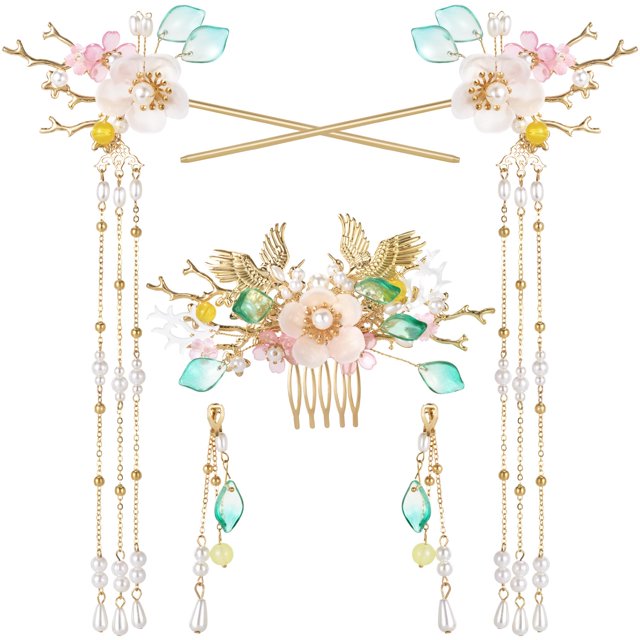 HINZIC 5 horquillas de ganso con cristales de estrás y perlas para el pelo, estilo retro, flor china, Hanfu, accesorios para el pelo para mujeres y niñas, pelo largo