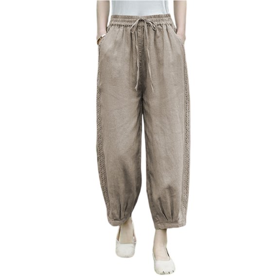Women's Casual Relaxed Fit Cotton Linen Blend Wide Leg Pants Versatile And Flattering 9/10th Length Bell Bottom Pants, Size M-2XL