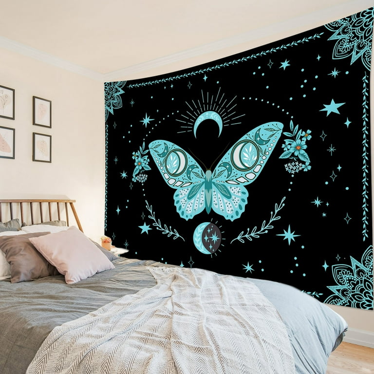 HVEST Blue Butterfly Tapestry Wall Hanging Vintage Boho Moon and Star on Black Wall Tapestry for Bedroom Aesthetic Rustic Botanical Floral Tapestry for Living Room College Dorm Decor 92.5Wx70.9H inch ...