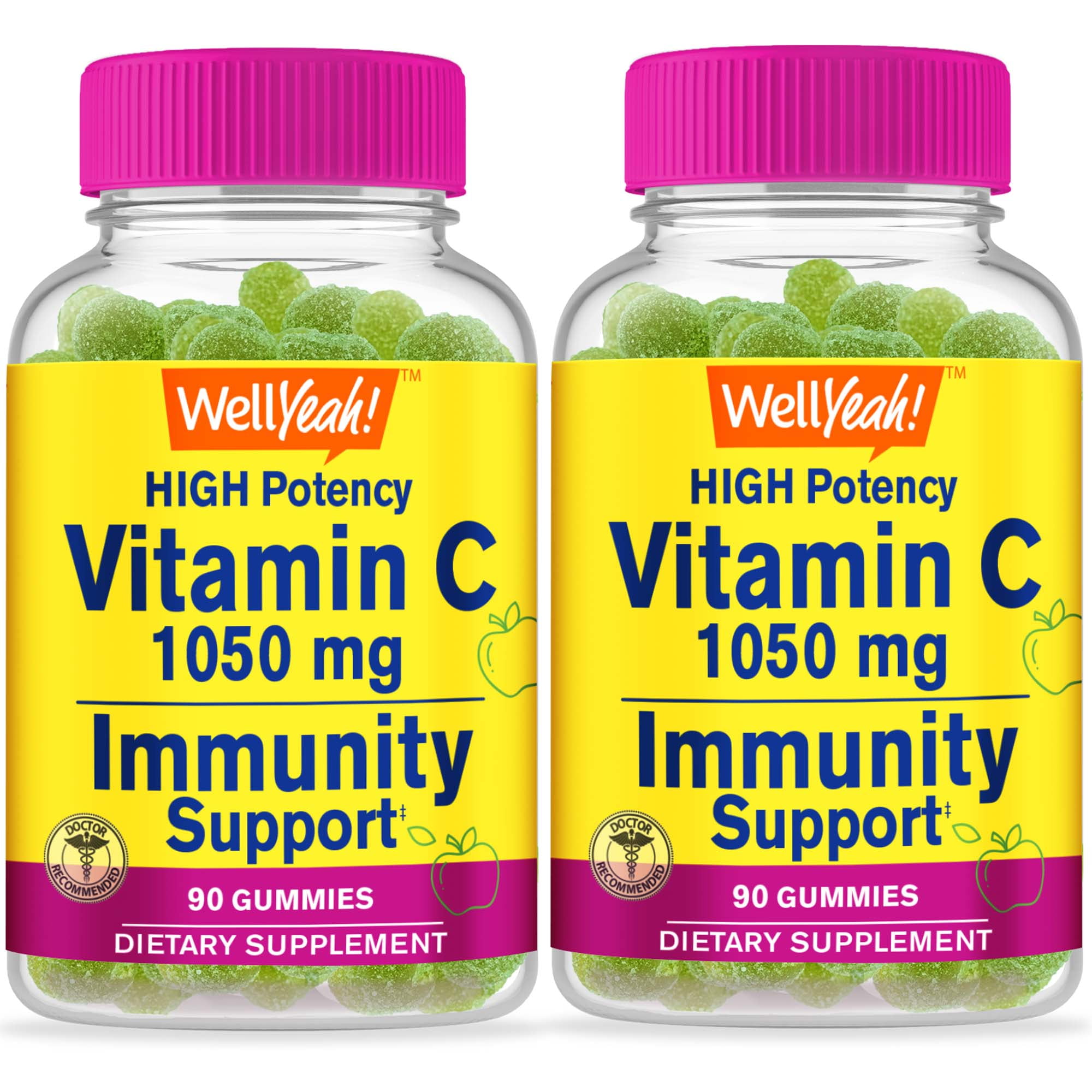 WellYeah Vitamin C 1050 mg Gummies 2 Pack - Sour Apple Flavor - Immune Support Dietary Supplement, Antioxidant Support - Extra Strength Vegetarian Gummy, Non-GMO, Gluten Free - 30 Servings