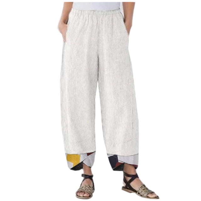 VEKDONE Womens Linen Long Pants White M