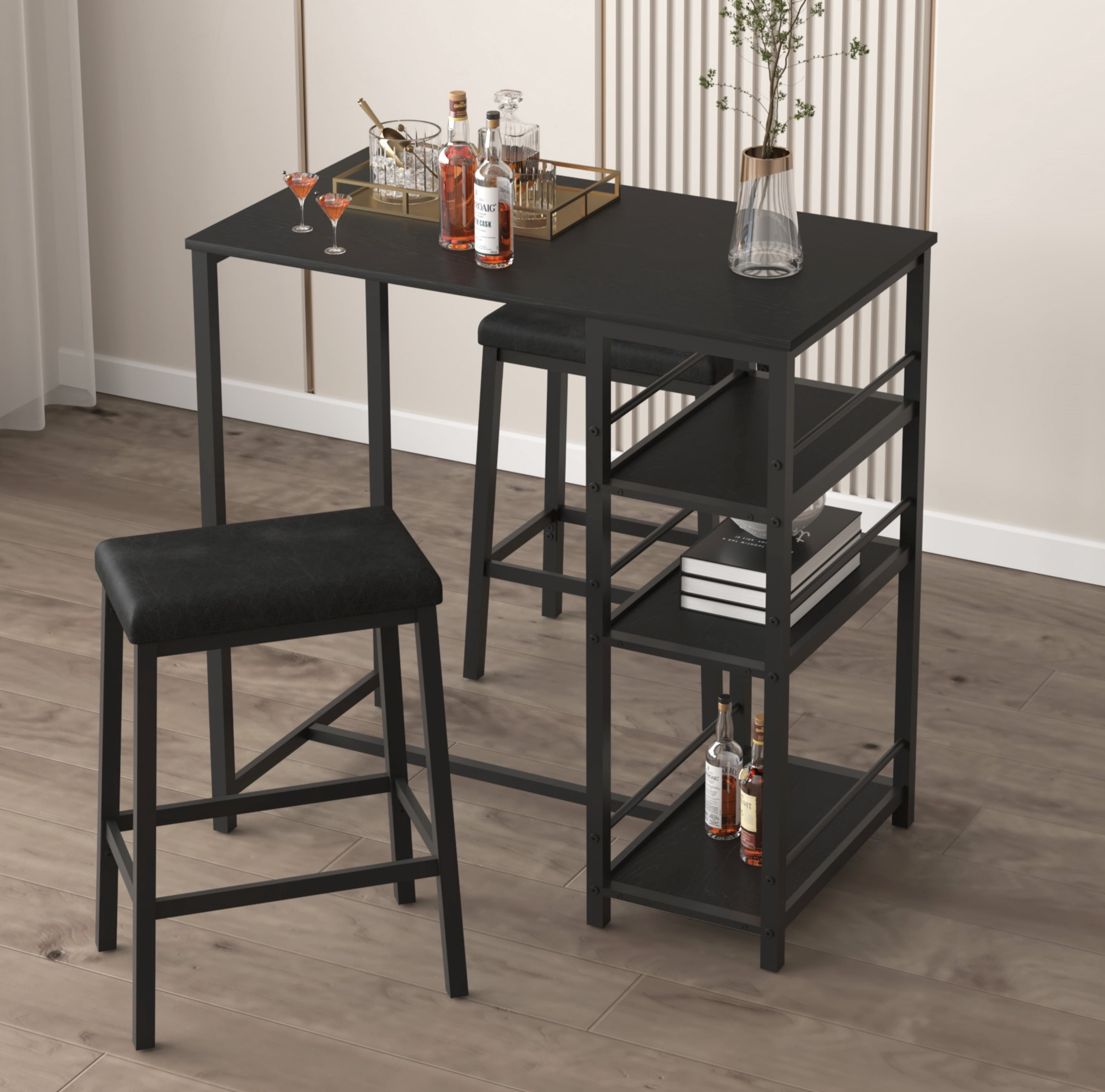 Aukfa Dining Table Set for 2, Kitchen Bar Table Set with Upholstered Stools for Small Space, Black
