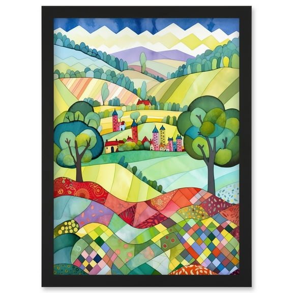 English Countryside Rural Landscape Folk Art Watercolour Painting Artwork Framed Wall Art Print A4