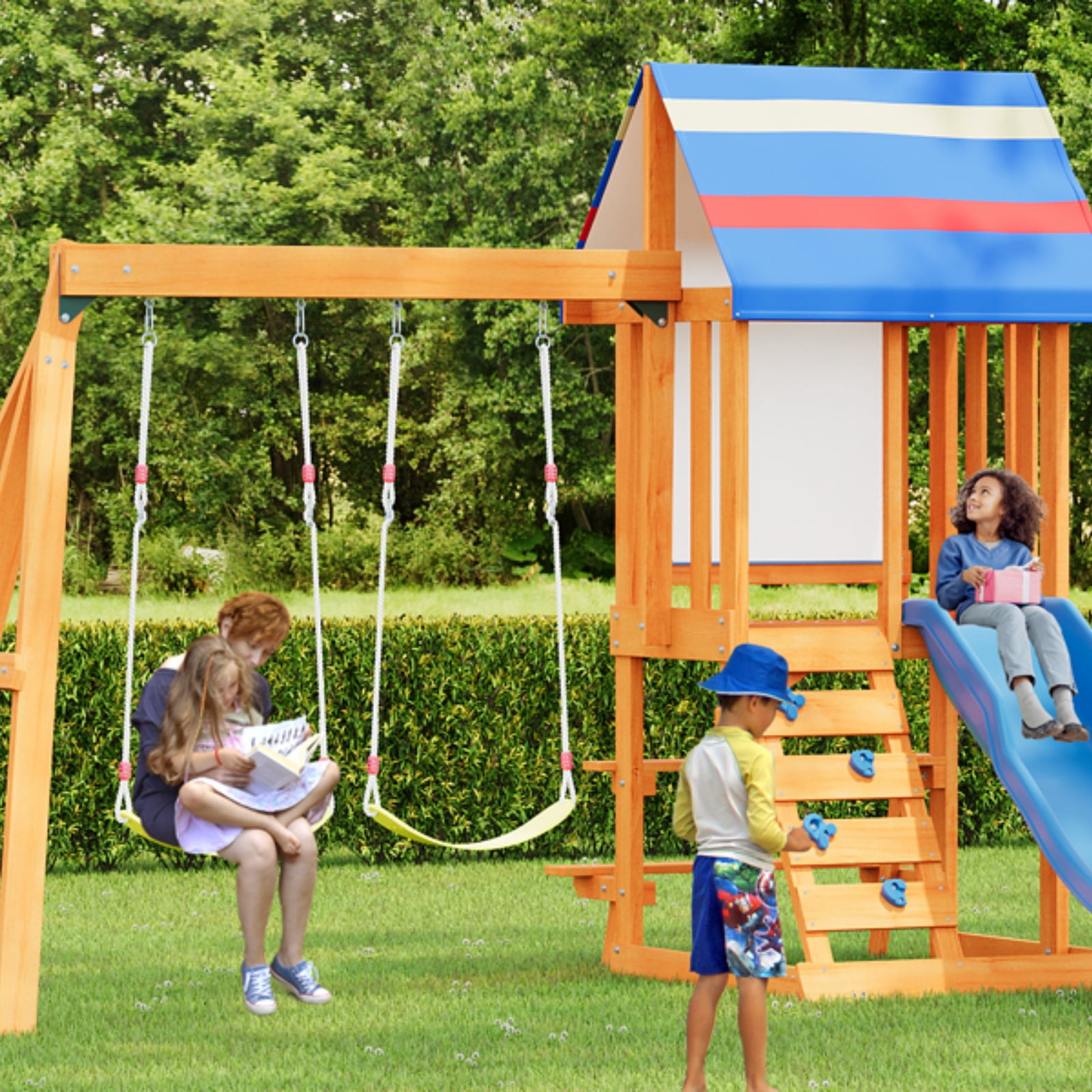 Wooden Outdoor Swing Set 3 In 1 Swing Set Outdoor Children's Playset With Slide , 2 Swings And Climber For Garden, Backyard And Playground, Blue,Blue