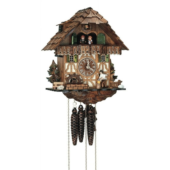 Cuckoo Clock Black Forest house with moving wood chopper and mill wheel
