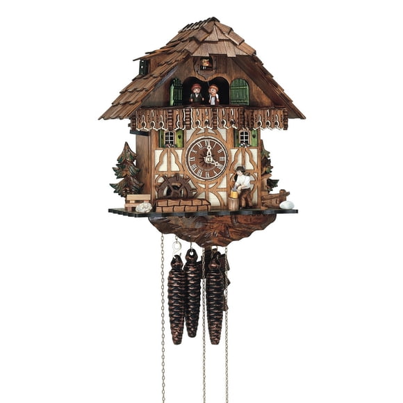 Cuckoo Clock Black Forest house with moving wood chopper and mill wheel