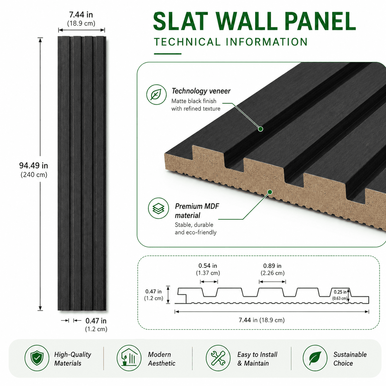 Yeslife 6 pcs Slat Wall Panels, 94.49 x 7.44 in, Matte Black MDF, 3D Decorative Design for Interior Walls and Ceilings