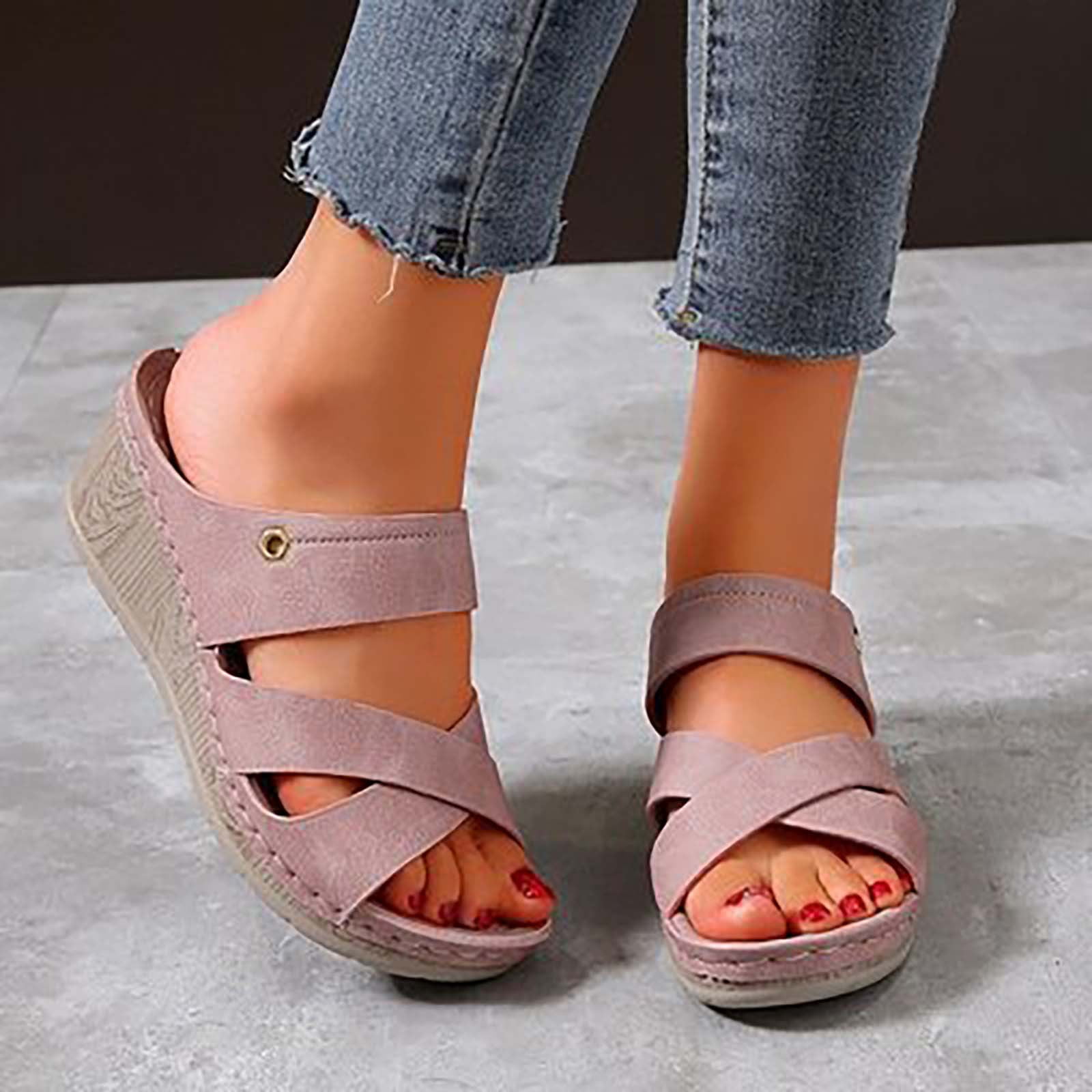 SHIBEVER Leather Slipper Summer Comfortable Vintage Casual Beach Open Toe Slip on Mules Wedge Sandals