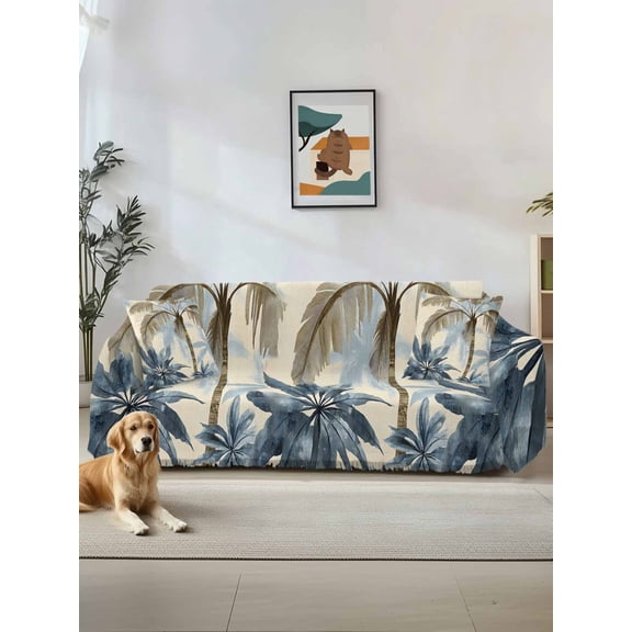 Palm Tree Beach Couch Cover for Dogs, Watercolor Botanical Seaside Washable Sofa Covers Slipcover for Pets Dogs Futon Cover, Couch Recliner Covers, Oversized Chair Slipcover 71"x91"