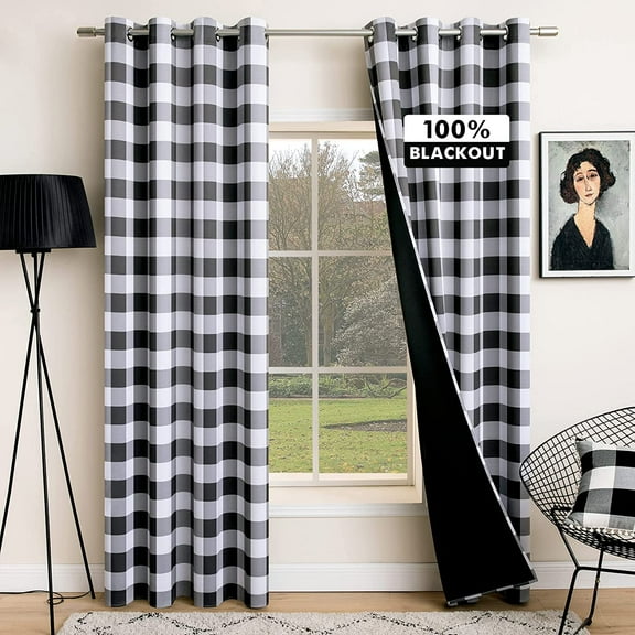 Buffalo Plaid Curtains for Farmhouse Bedroom, Blackout Window Drapes with Grommets for Living Room Darkening Light Blocking and Thermal Insulated Set Black and White 42"W x 96"L (Pack of 2)