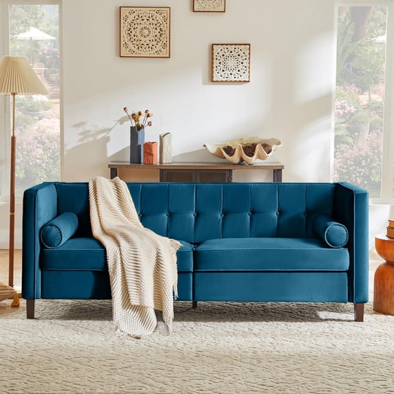 78" Velvet 3-Seater Couch, Mid-Century Sofa, Livingroom Furniture with Bolster Pillows, Button Tufted Love Seats, Toolless Assembly, Teal