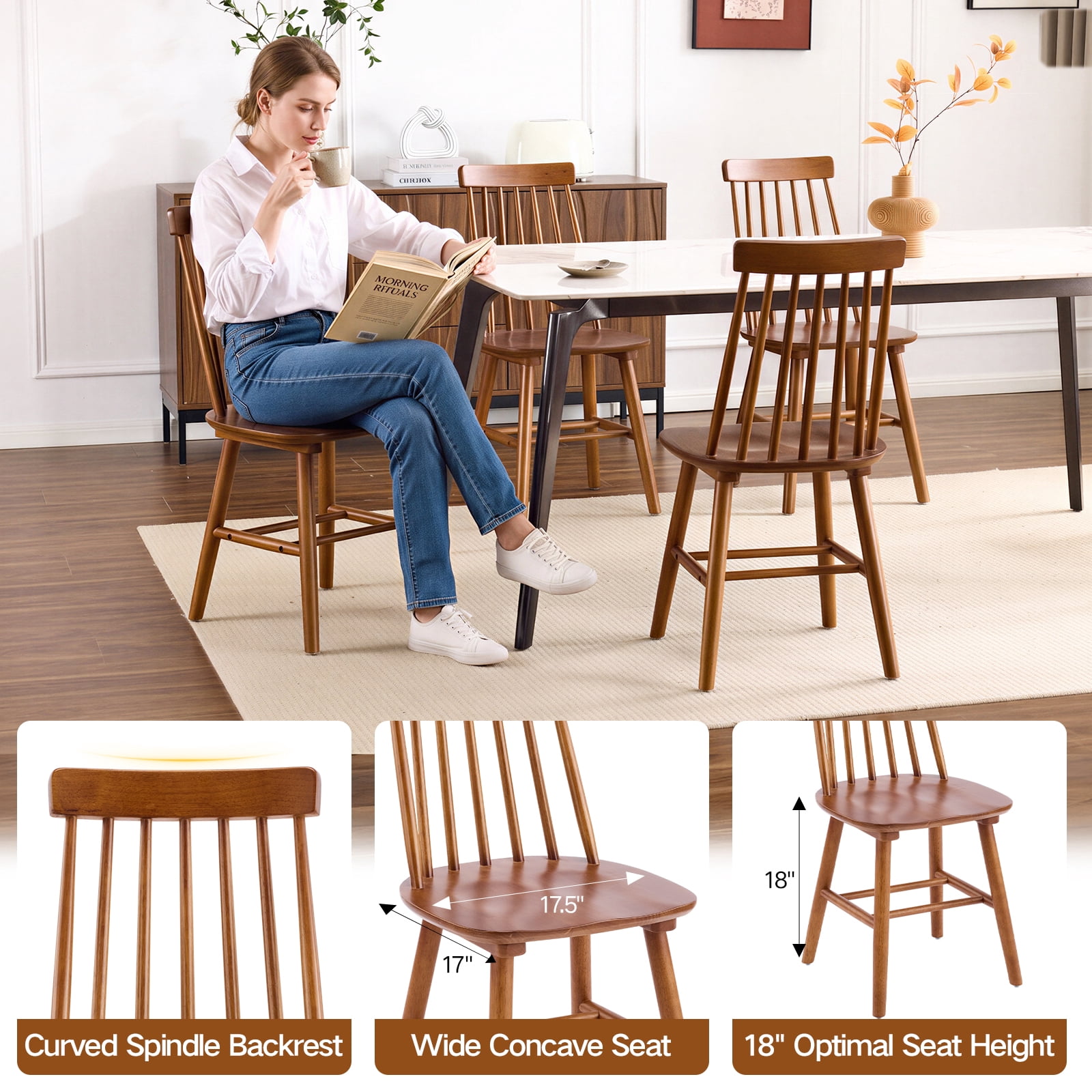 Farmhouse Wooden Dining Chairs Set of 4, Windsor Spindle Back Chair for Kitchen & Dining Room, Walnut