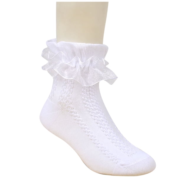 FAIWAD 3 Pair Girls Cotton Lace Socks Ruffle Frilly Princess Mid-Length Socks Solid Color Breathable Crew Socks