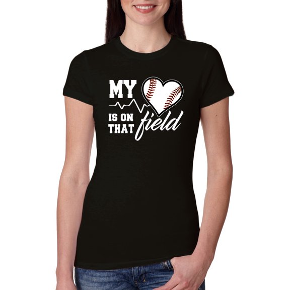 Wild Bobby, My Heart Is On That Baseball Field, Sports, Women Slim Fit Junior Tee, Black, Small