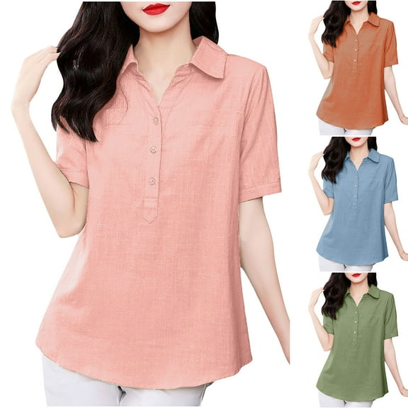 Dazajoo Women's Cotton Linen Button Down Shirts V Neck Short Sleeve Embroidered Tunic Tops Summer Vintage Casual Loose Blouse,Blue,XXXL