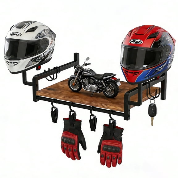 JDNRXO Motorcycle Helmet Shelf | Wall Mounted Helmet Holder & Rack | Black Walnut Wood & Steel | Heavy Duty Storage for Gear, Jackets & Accessories