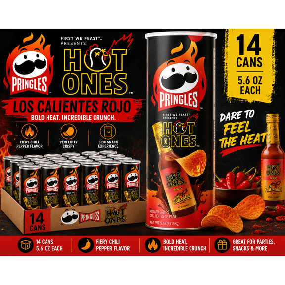 Pringles Hot Ones Los Calientes Rojo Potato Crisps, 5.6 oz Cans, 14 Count Multipack