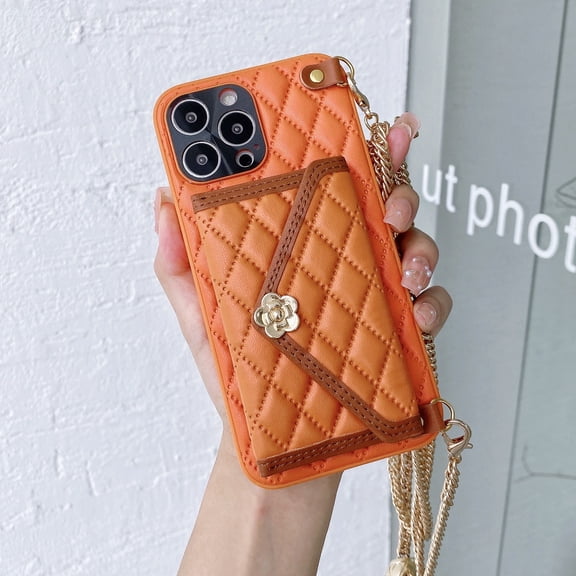 Wallet Case for iPhone 14 Pro Max, Luxury Fashion Flower Design Purse PU Leather Cover with Card Slots Crossbody Metal Chain Shoulder Strap Case for iPhone 14 Pro Max Women Girls, Orange