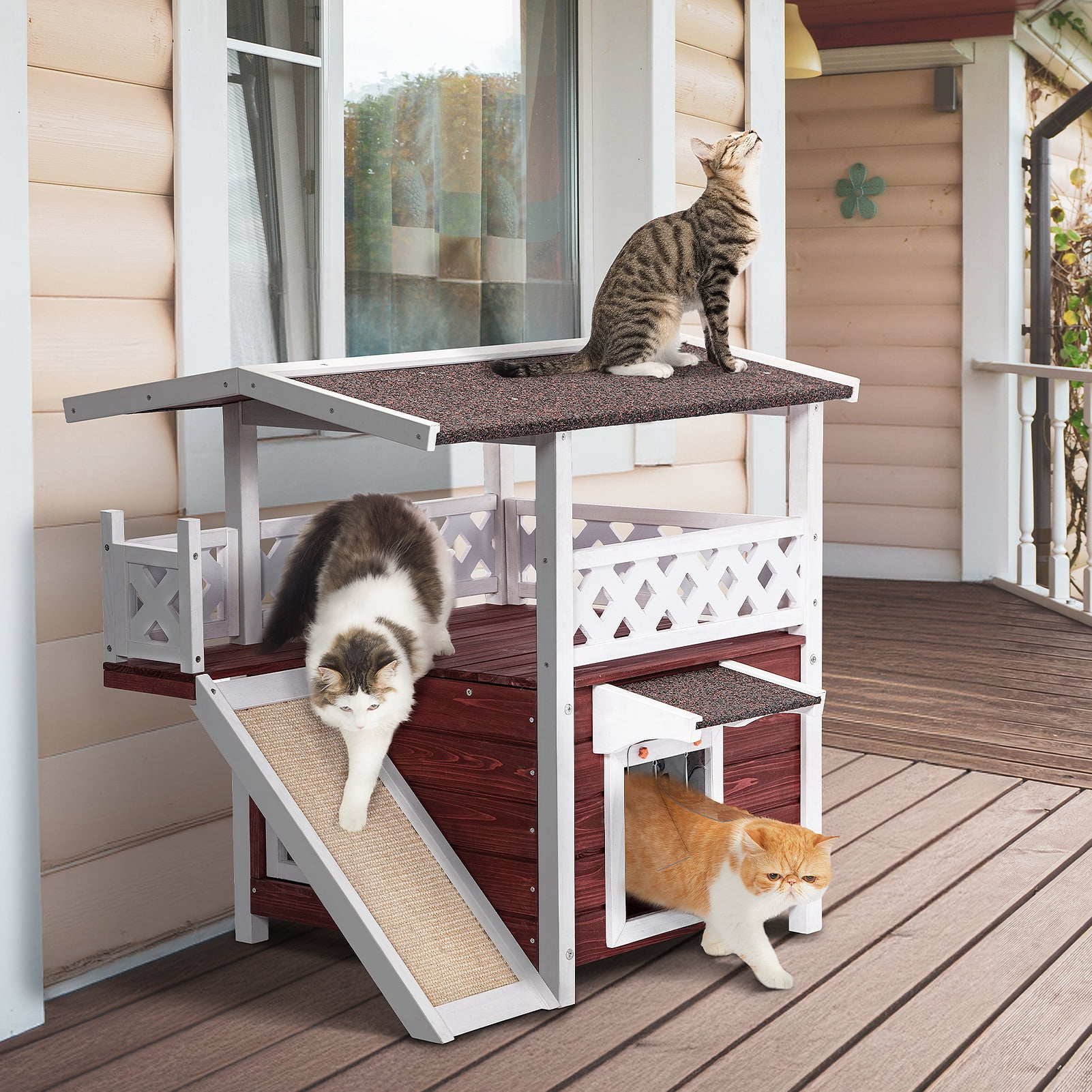 Petsfit 2-Story Outdoor Cat House with Scratching Board & Stairs, Red