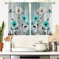 Teal Floral Window Curtains for Kitchen Turquoise Aqua Flowers White Daisy Butterfly Small Short Home Living Room Bedroom Bathroom Drapes Treatment Tiers Fabric 1 Pair, 27.5" W x 39" L, Rustic