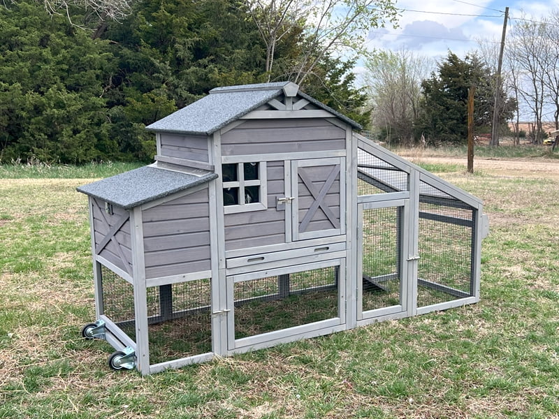 Aivituvin Large Chicken Coop with Wheels & Run, Mobile Hen House Outdoor Wooden Poultry Cage with Large Nesting Box Leakproof Pull-Out Tray, Gray