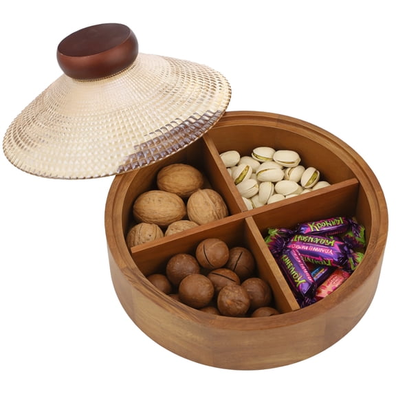 Wooden Snack Box with Glass Lid, 4-Compartment Snack Serving Tray, Divided Acacia Wood Candy Nut Platter, Decorative Food Storage Bowl for Party, Home, Kitchen Table