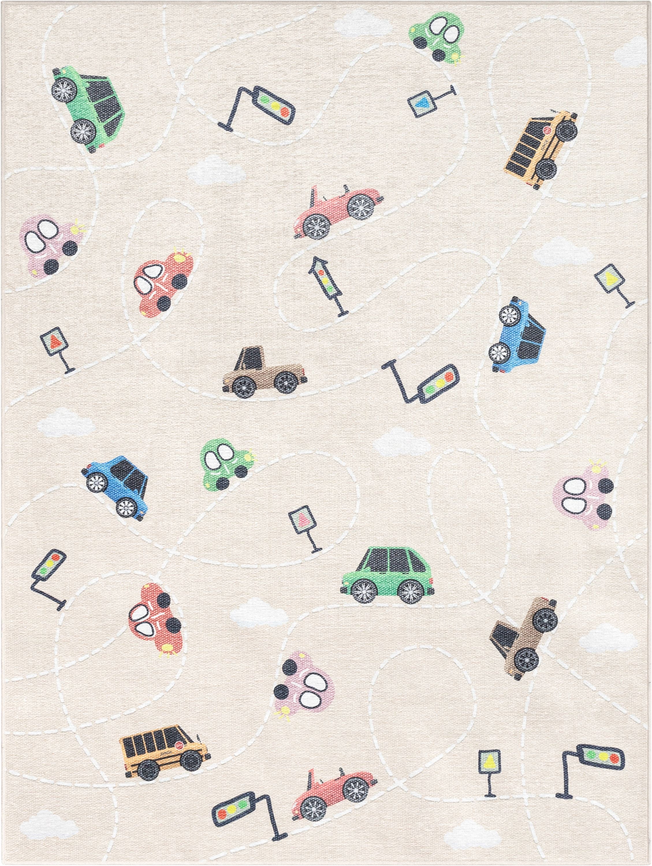 Well Woven Kids Rugs Traffic Modern Beige Printed Distressed Machine Washable 3'3" x 5' Area Rug