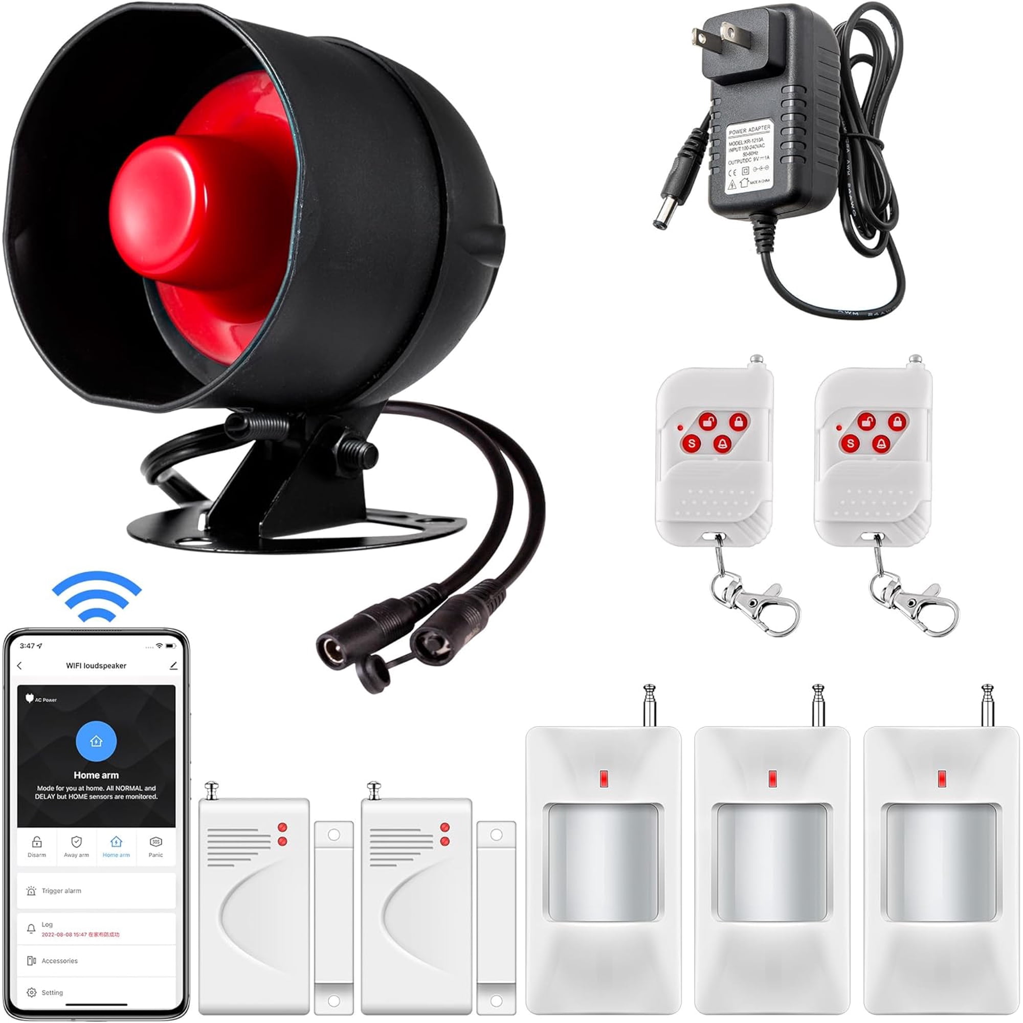 WiFi Alarm Home Security System, Wireless Alarm System with Loud 120dB Motion Sensor Siren, Window Door Alarms Sensor, Remote Control for Shed Garage