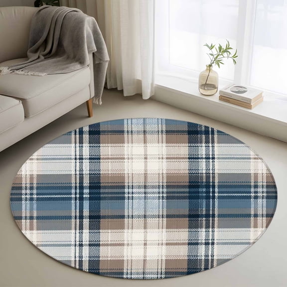 Round Area Rug 3 Ft, Blue Brown Plaid Washable Non-Slip Circle Carpet for Living Room/Bedroom, Vintage Abstract Stripes Lattice Low-Profile Small Floor Mats Collection Rugs for Indoor
