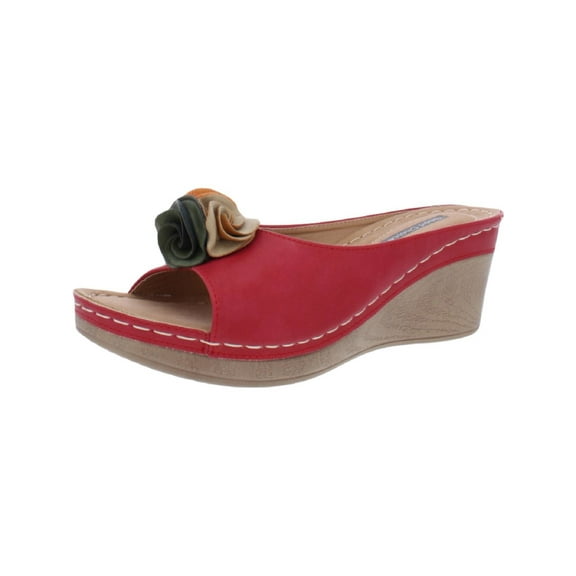 GOOD CHOICE Womens Red 1" Platform Flower Detail Cushioned Sydney Round Toe Wedge Slip On Slide Sandals 7.5