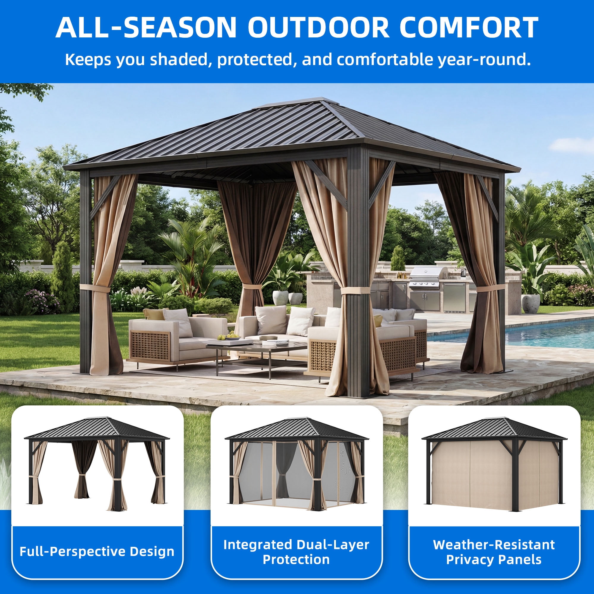 Dextrus 10x12ft Hardtop Gazebo with Nettings and Curtains, Heavy Duty Galvanized Steel Outdoor Vertical Stripes Roof for Patio, Backyard, Deck, Lawns, Brown