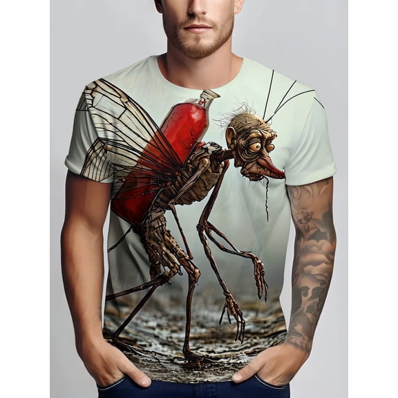 Men's 3D printed T-shirt, a weird mosquito, with a red bottle on the back, transparent wings, peculiar pattern, machine washable, soft fabric, fashionable design short-sleeved T-shirt