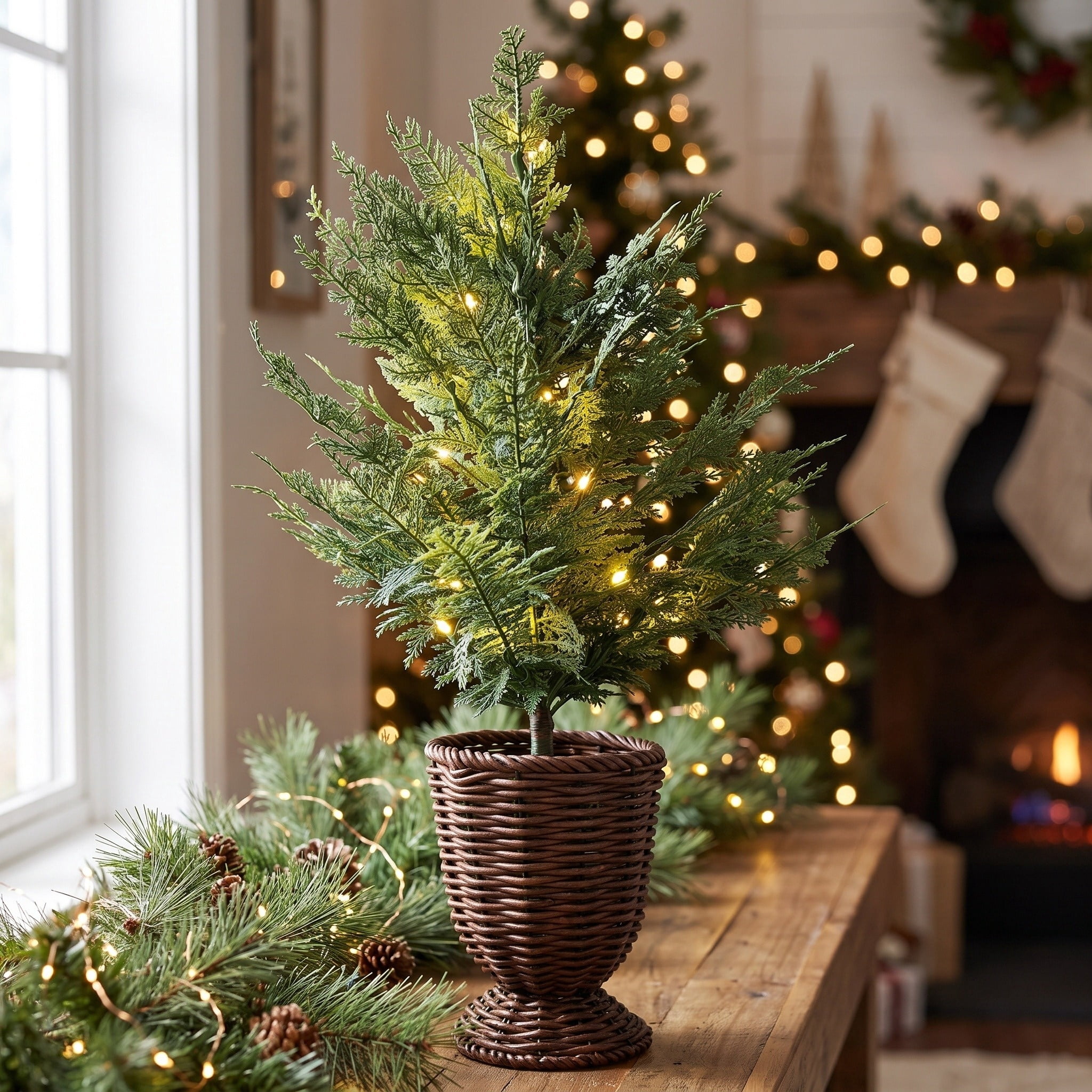 My Texas House 24" Small Pre-Lit Cypress Green Artificial Christmas Tree with 30 Warm White Twinkle LED Lights in Woven Basket