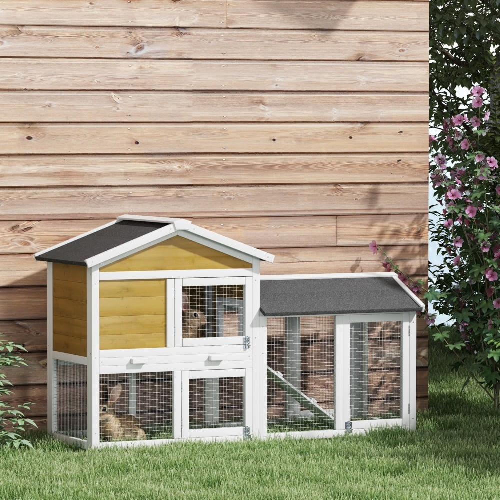 AUU PawHut 58" Wooden Rabbit Hutch for Guinea Pigs, Small Animal Enclosure with Run Area, Removable Tray, Asphalt Roof, Lockable Doors & Ramp, Nature Wood Finish