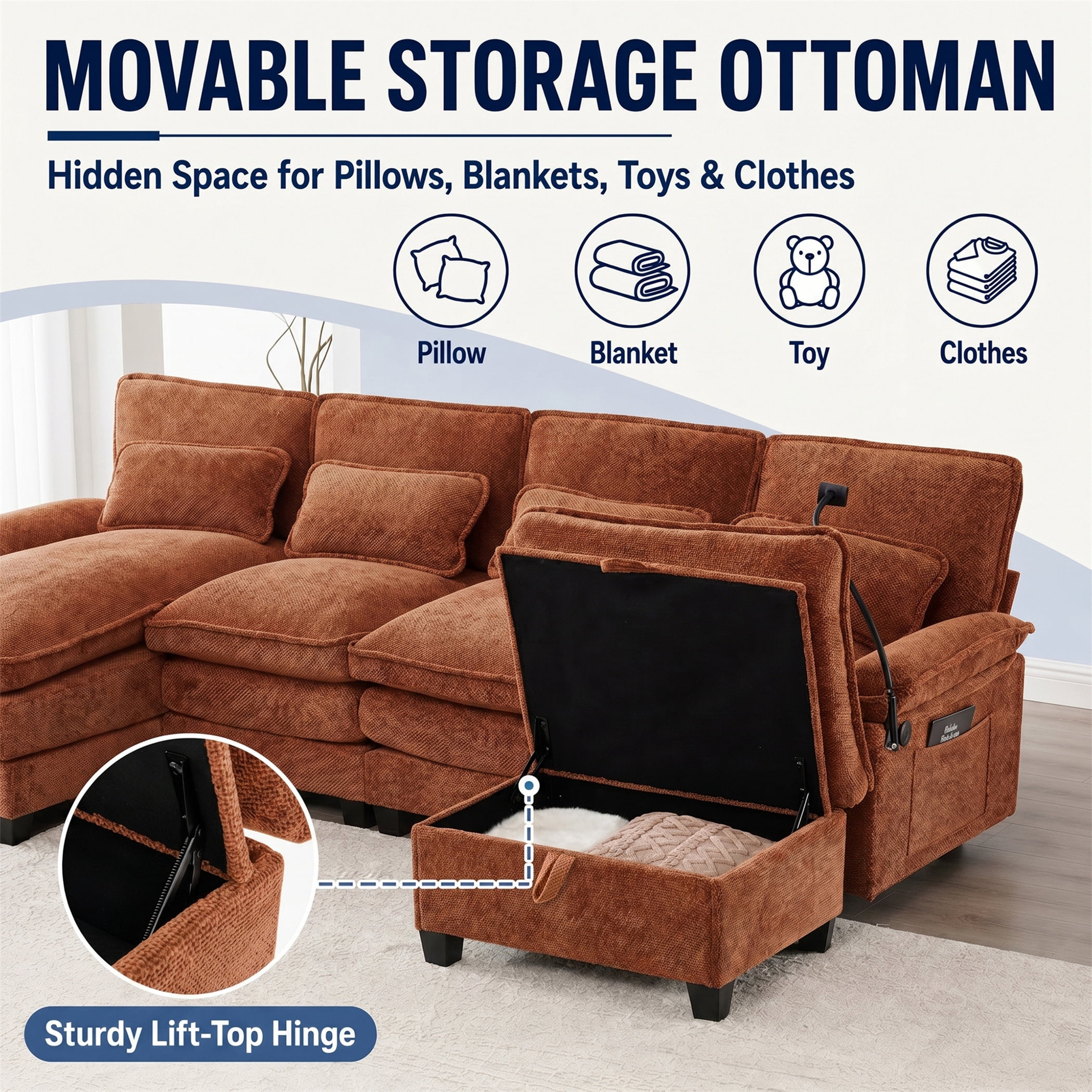Aukfa 106" Sectional Sofa Deep Seat U shape Couch for Living Room, USB&Type-C Ports, 4 Lumbar Pillows, Storage Ottoman, Overstuffed Chenille, Orange